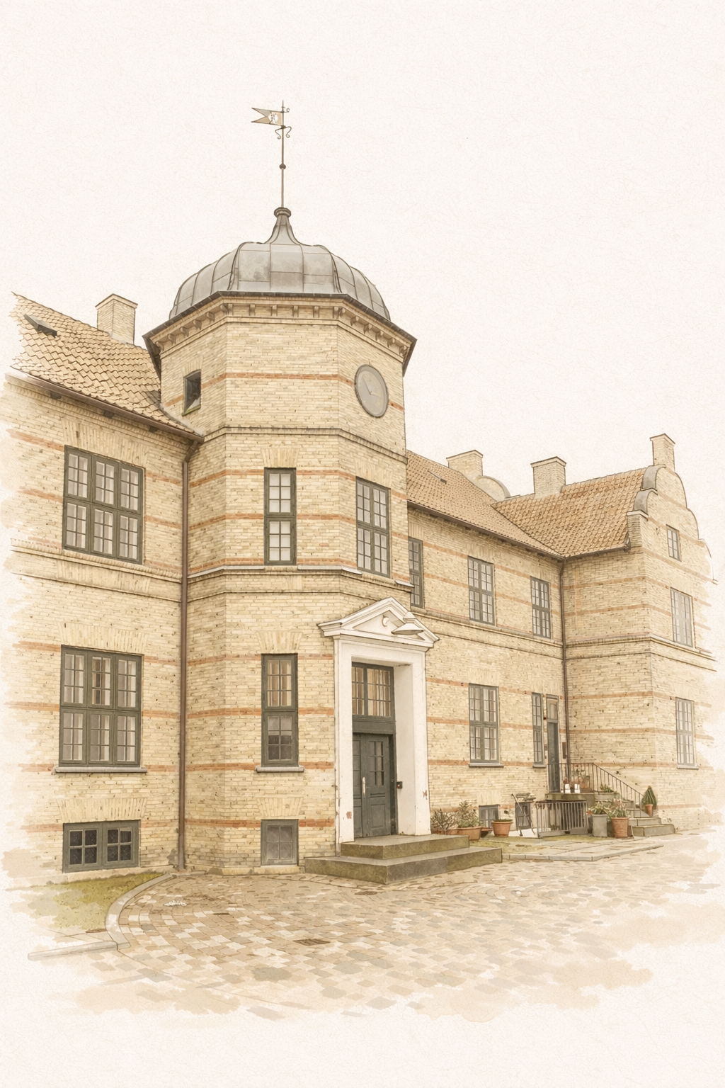 Graphic drawn depiction of clock tower, brick walls and main entrance at Bindesbøll